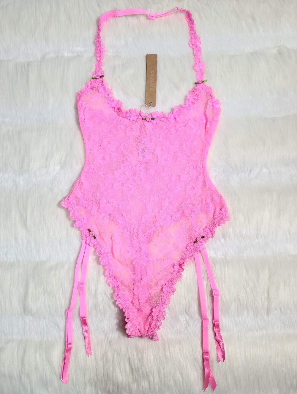 SKIMS Stretch Lace Thong Bodysuit Sugar Pink Women XXS NEW
